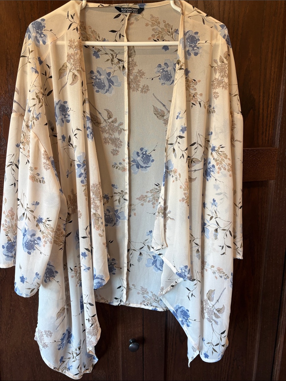 BloomChic Sheer Cream Cardigan with Blue Floral Print